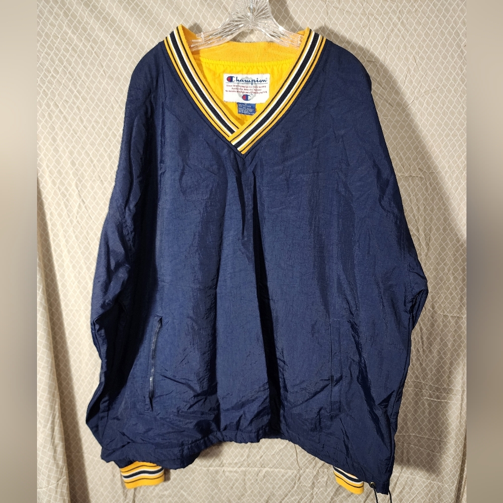 Champion Navy and Yellow V-Neck Heavy Duty Windbreaker Pullover Jacket Men's XL